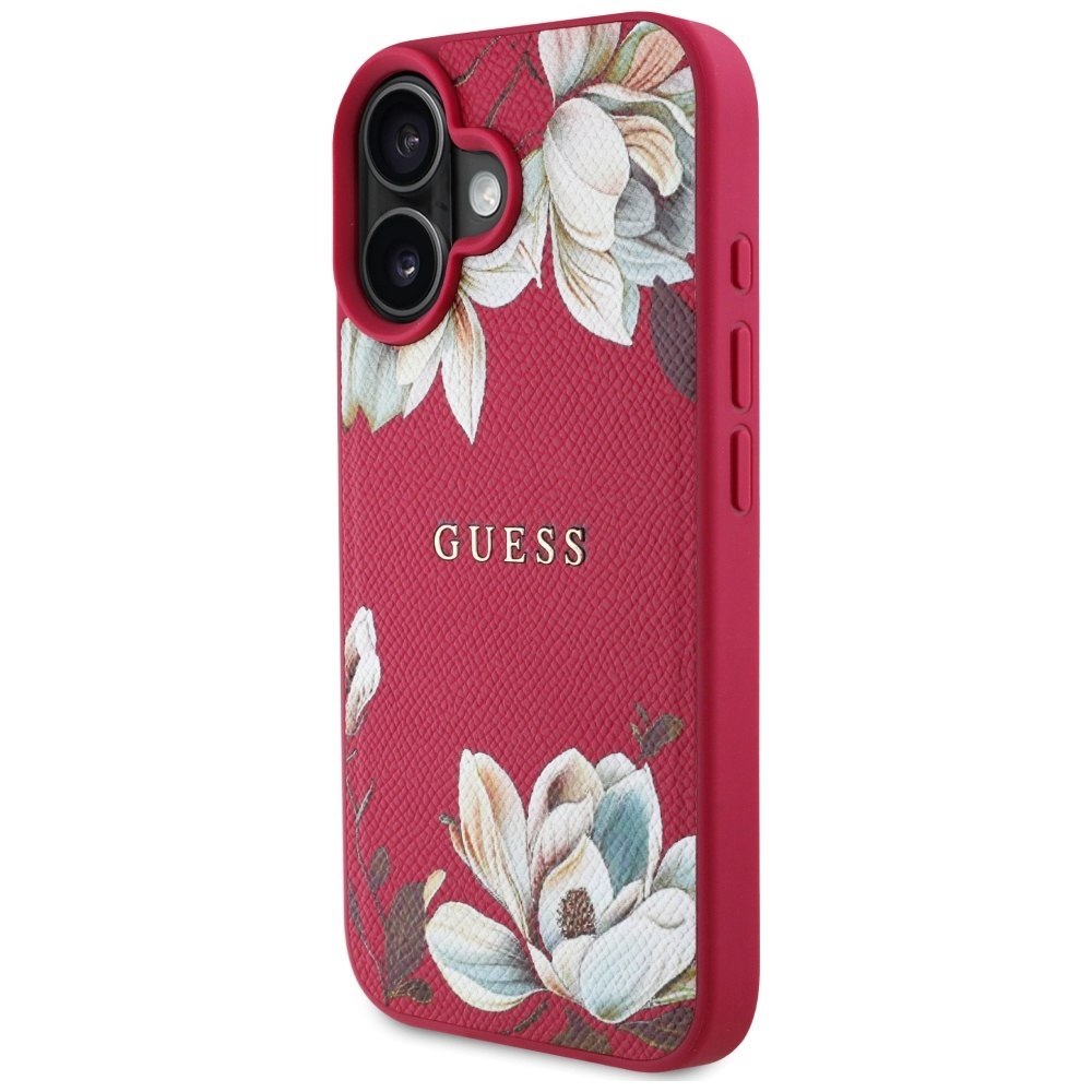 Etui Guess Grained Printed Flower Pattern MagSafe do iPhone 16 fuksja